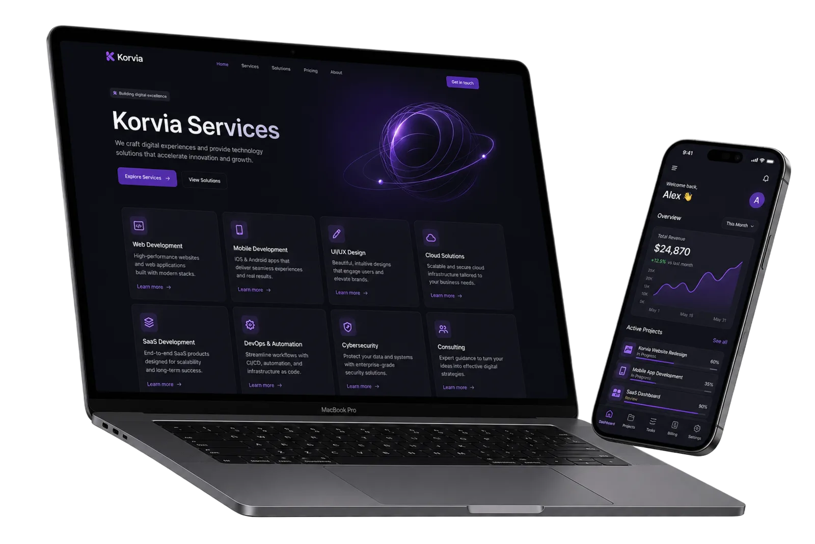 Aperçu d'un site web Korvia sur ordinateur portable et mobile